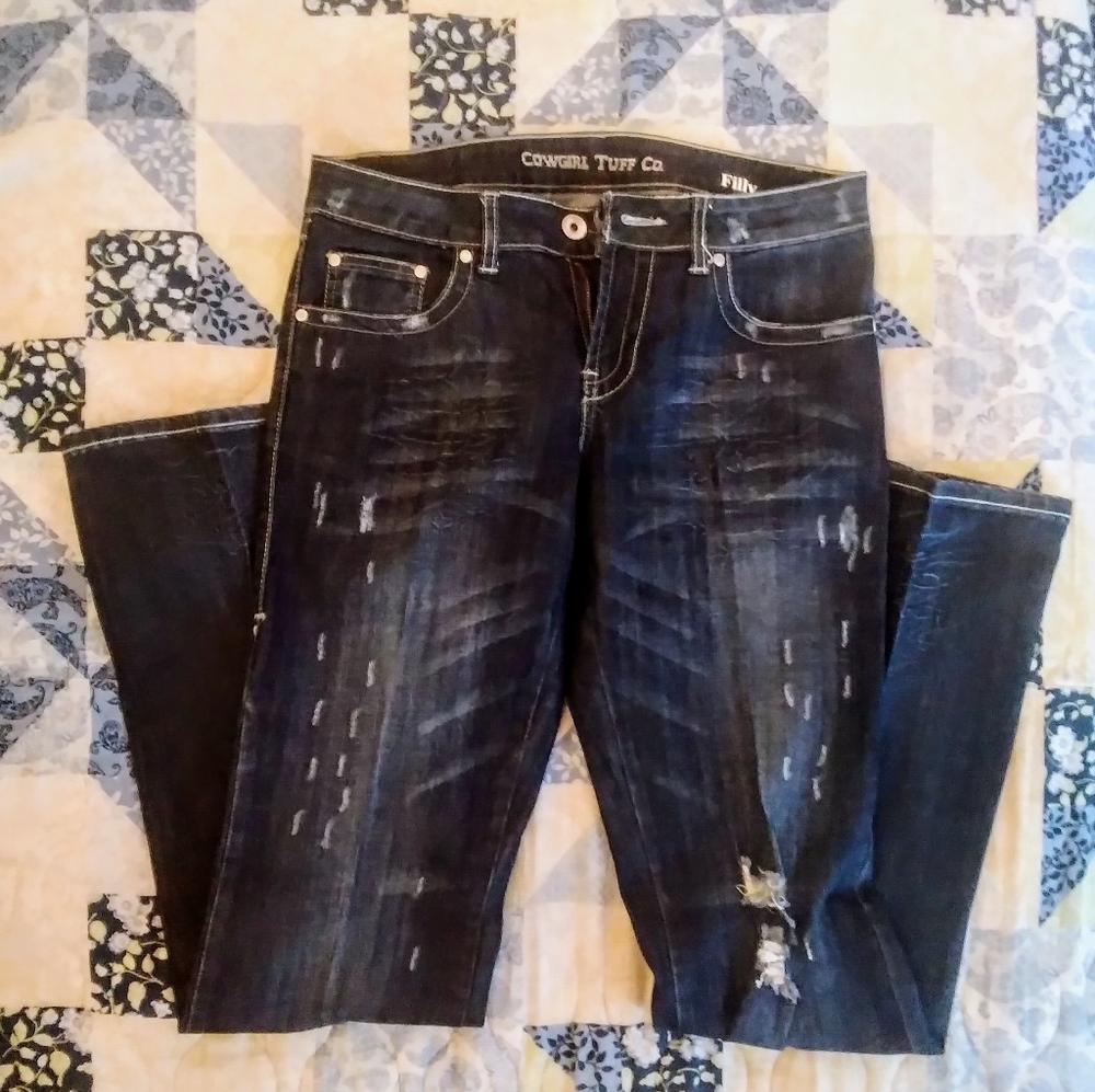 Cowgirl Tuff Women's Dark Wash Distressed Boot Cut Jeans